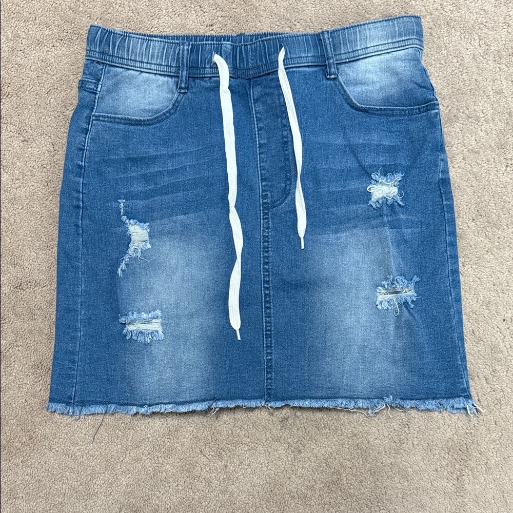 SHEIN Blue Distressed Denim Skirt with Drawstring